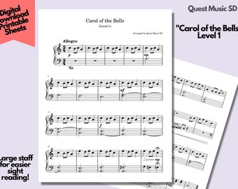 Partitions de piano de Noël - « Carol of the Bells » - Niveau 1 - Partitions de piano faciles, piano débutant, télécharger et imprimer des partitions de musique