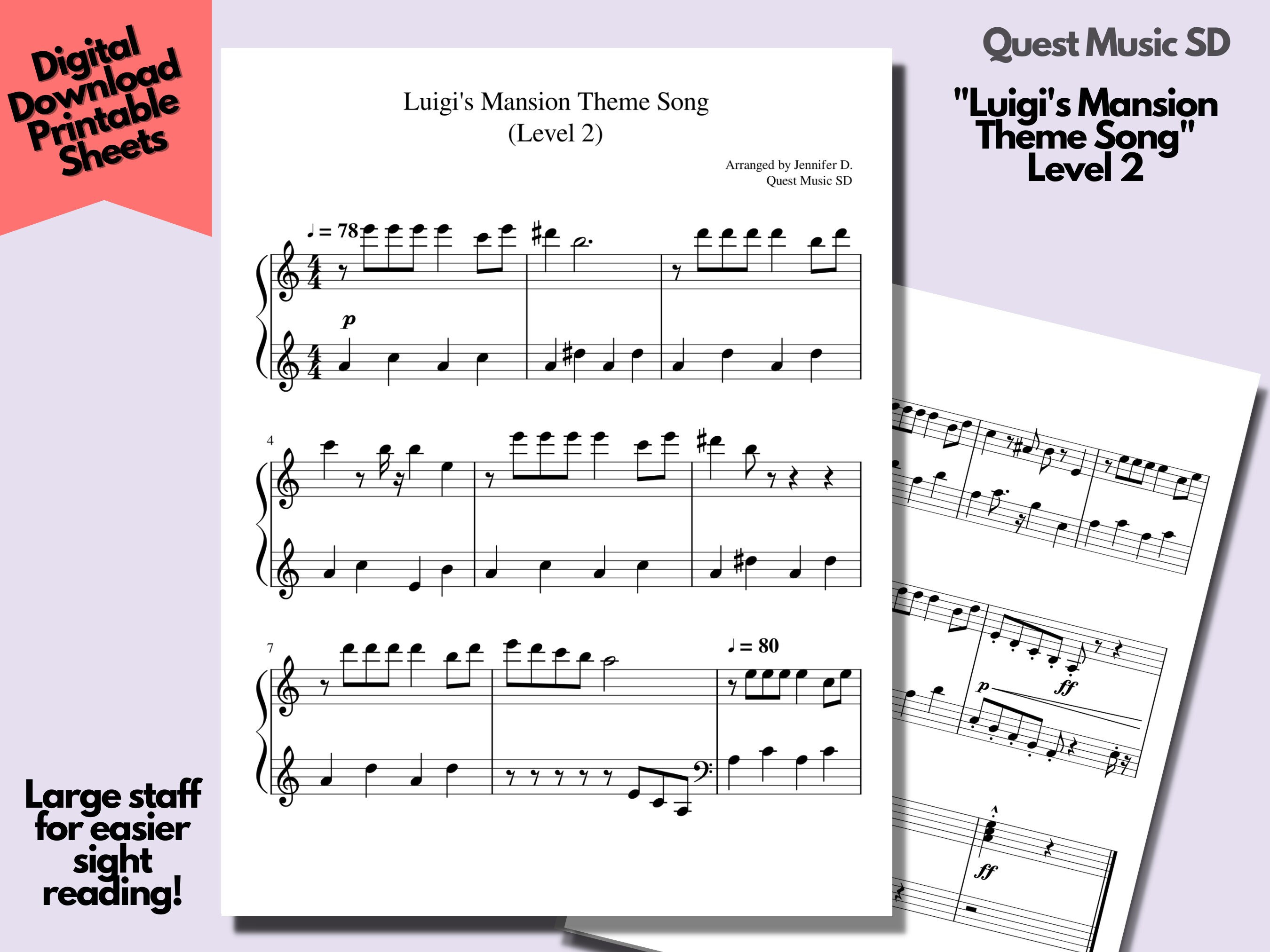 Piano Sheet Music - "Luigi's Mansion Theme Song" - Level 2 - Easy Piano Sheets, Beginner Piano, Download and Print Music Sheets