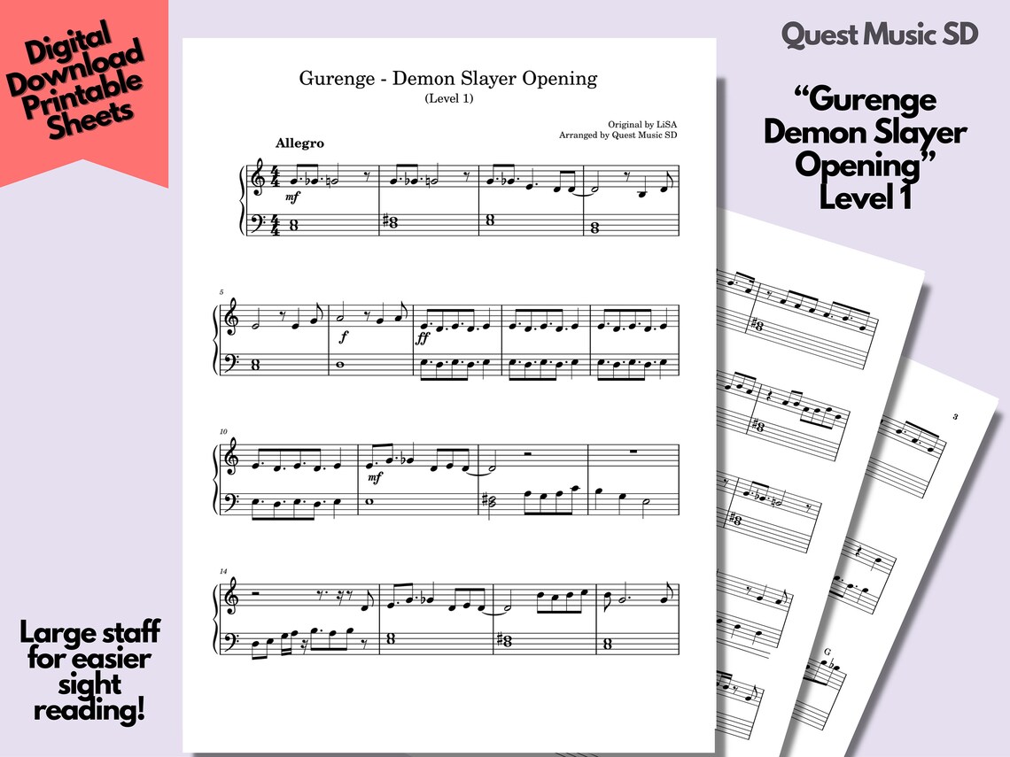 Piano Sheet Music gurenge Demon Slayer Opening Etsy
