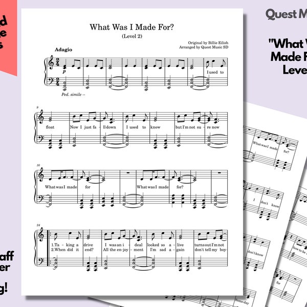 Piano Sheet Music - "What Was I Made For?" - Level 2 - Easy Piano Sheets, Beginner Piano, Download and Print Music Sheets