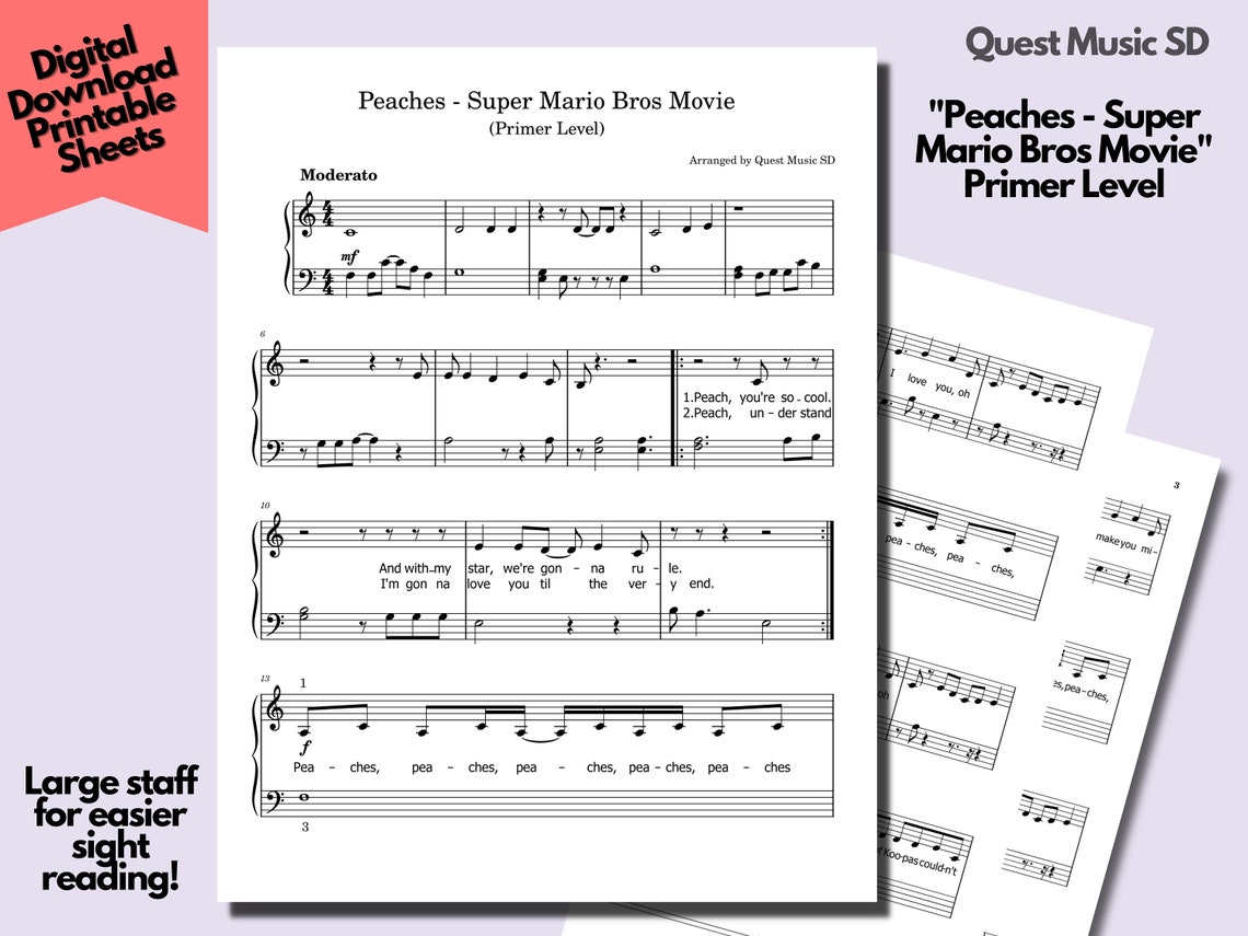 Piano Sheet Music peaches Super Mario Bros Movie Primer Level Easy Piano Sheets, Beginner Piano
