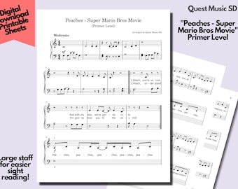 Piano Sheet Music - "Peaches - Super Mario Bros Movie" - Primer Level - Easy Piano Sheets, Beginner Piano, Download and Print Music Sheets