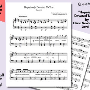 Puede incluir: Partitura de "Hopelessly Devoted To You" de Olivia Newton-John, Nivel 2. La música está impresa en papel blanco con notas y texto en negro. El texto incluye "Digital Download Printable Sheets" y "Large staff for easier sight reading!"