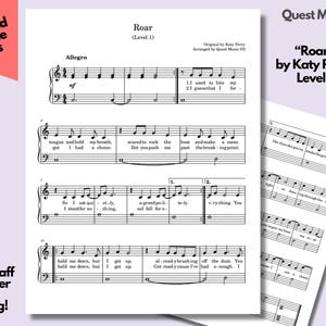 Op de afbeelding: Bladmuziek voor "Roar" van Katy Perry, Level 1, met grote notenbalknotatie voor gemakkelijker lezen. De digitale downloadbare vellen zijn gearrangeerd door Quest Music SD. De muziek is in zwart en wit.