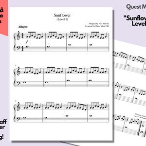 Piano Sheet Music - &quot;Sunflower&quot; - Level 1 - Easy Piano Sheets, Beginner Piano, Download and Print Music Sheets