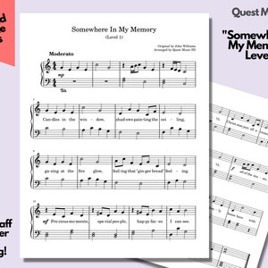 May include: A sheet music score for the song "Somewhere in My Memory" by John Williams, arranged by Quest Music SD. The sheet music is for piano and includes the lyrics for the song. The title of the song is written in large, bold letters at the top of the page. The sheet music is printed on white paper with black ink.