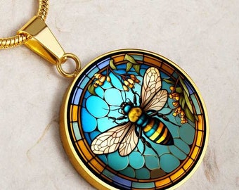 Personalized Stained Glass Look Bee Pendant Necklace | Queen Bee, Mother Gift