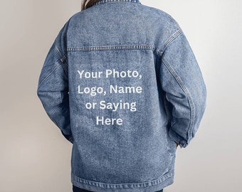 Veste en jean surdimensionnée personnalisée pour femme | Veste d'extérieur en denim délavée surdimensionnée personnalisée ou photo, veste en jean avec texte personnalisé, cadeau pour elle