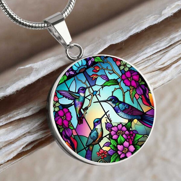 Personalized Hummingbird Stained Glass Pendant Necklace