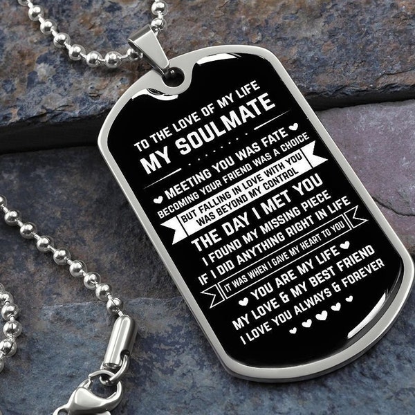 Soulmate Gift | Gift for Soulmate, Personalized Dog Tag Necklace, To My Soulmate, Gift for Him, Husband Present, Birthday Holiday Gift