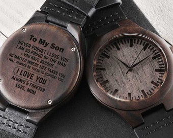 Son Gift | Gift for Son, Love Mom Engraved Wood Watch, Holiday