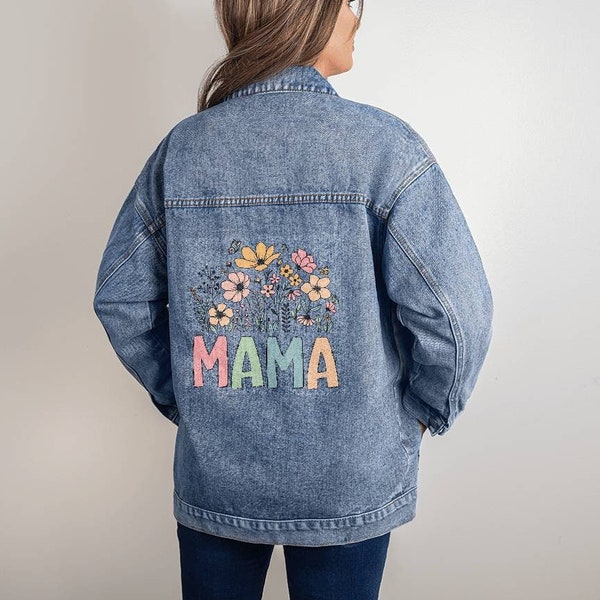 Personalized Mama Oversized Women's DTG Denim Jacket | Gift for Mom, Mothers Day Gift, Birthday Gift for Mom, Mama Gift, Mama's Garden