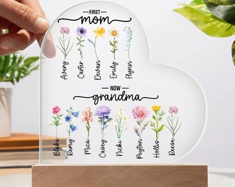 Personalized First Mom Now Grandma LED Heart Acrylic Plaque | Grandma Heart Acrylic Plaque, Birth Month Flowers Gift For Grandma