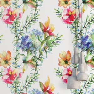 Watercolor Flowers Wallpaper - Removable Peel and Stick Wallpaper - Tropical Plants Wallpaper - Floral Print - Self Adhesive Wallpaper