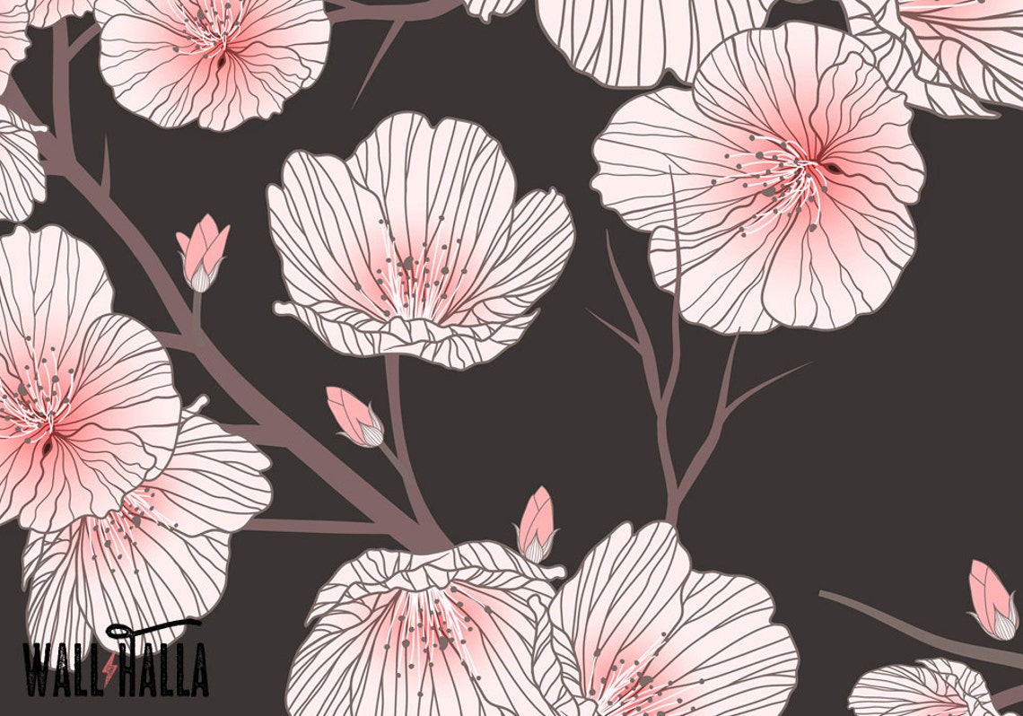 Cherry Blossom Wallpaper Removable Wallpaper Asian Flowers Etsy