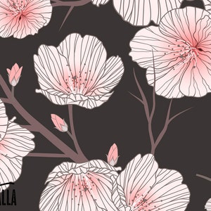 Cherry Blossom Wallpaper - Removable Wallpaper - Asian Flowers and Leaves Wallpaper - Floral Print - Tropical Peel and Stick Wallpaper