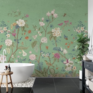 Chinoiserie Wallpaper - Removable Peel and Stick Vintage Wall Decor - Chinese Floral Wallpaper - Chinoiserie Wallpapers