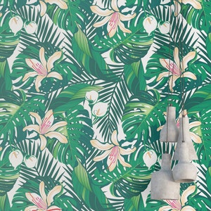 Tropical Green Leaves Wallpaper: Monstera Palm Print, Removable