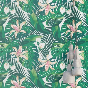 Tropical Green Leaves Wallpaper, Removable Wallpaper, Monstera and Palm Leaf Wallpaper, Floral Print, Tropical Peel and Stick Wallpaper