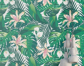 Tropical Green Leaves Wallpaper, Removable Wallpaper, Monstera and Palm Leaf Wallpaper, Floral Print, Tropical Peel and Stick Wallpaper