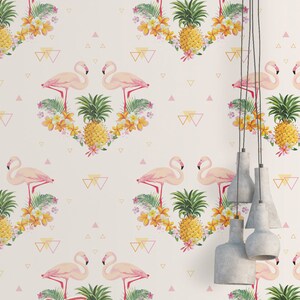 Flamingo Pineapple Removable Wallpaper: Tropical Geometric Print