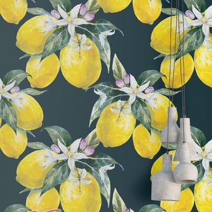 Lemon and Citris Blossom Wallpaper Removable Wallpaper Palm and Leaves Wallpaper Floral Print Tropical Peel and Stick Wallpaper image 1