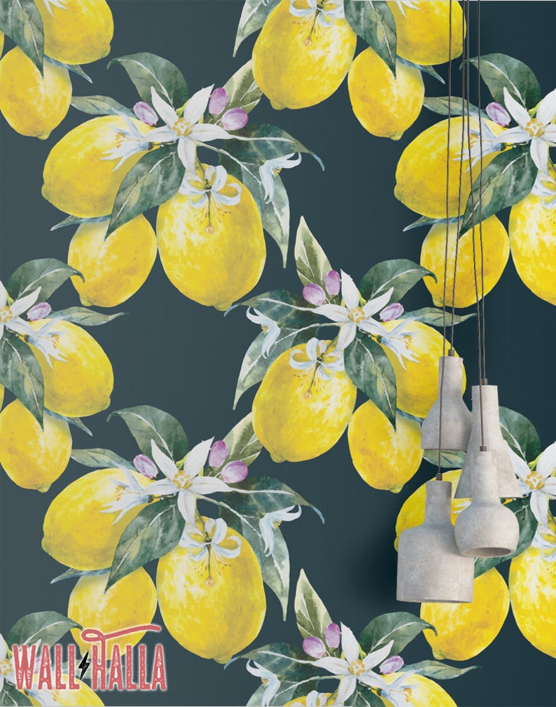 Lemon and Citris Blossom Wallpaper Removable Wallpaper Palm and Leaves Wallpaper Floral Print Tropical Peel and Stick Wallpaper image 1