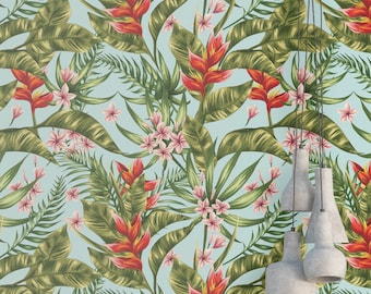 Tropical Palm Leaf Wallpaper - Removable Wallpaper - Hawaii Plants and Blossom Wallpaper - Floral Print - Tropical Peel and Stick Wallpaper