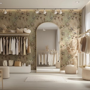 Romantic floral wallpaper with birds and apple blossoms in pastel colors
