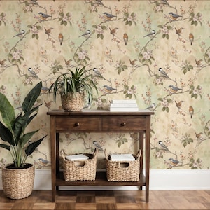 Hand painted style wallpaper with birds, blossoms, and vintage garden charm