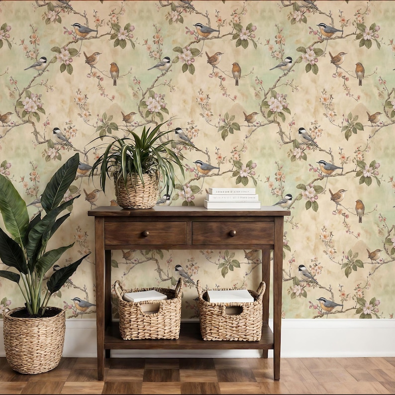 Hand painted style wallpaper with birds, blossoms, and vintage garden charm