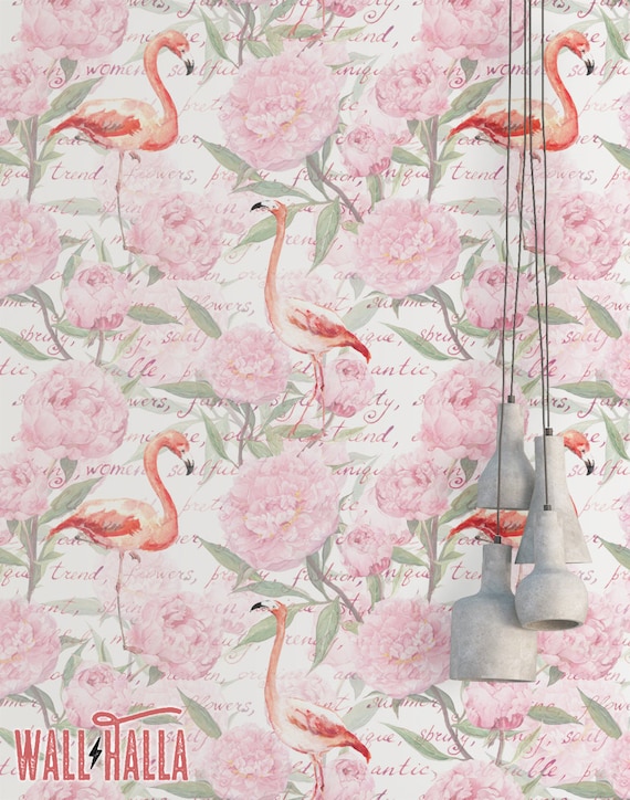 Flamingo Vintage Flowers Wallpaper Removable Wallpaper Etsy