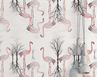 Flamingo Swamp Wallpaper: Tropical Peel and Stick Removable Wallpaper