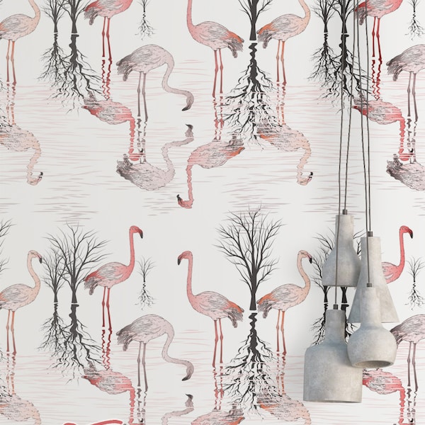 Flamingo Swamp Wallpaper - Verwijderbaar Behang - Roze Flamingo's Flock Wallpaper - Flamingo Print - Tropical Peel and Stick Wallpaper