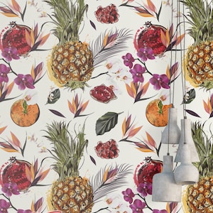 Pineapple Fruits Removable Wallpaper: Tropical Floral Print Peel and Stick