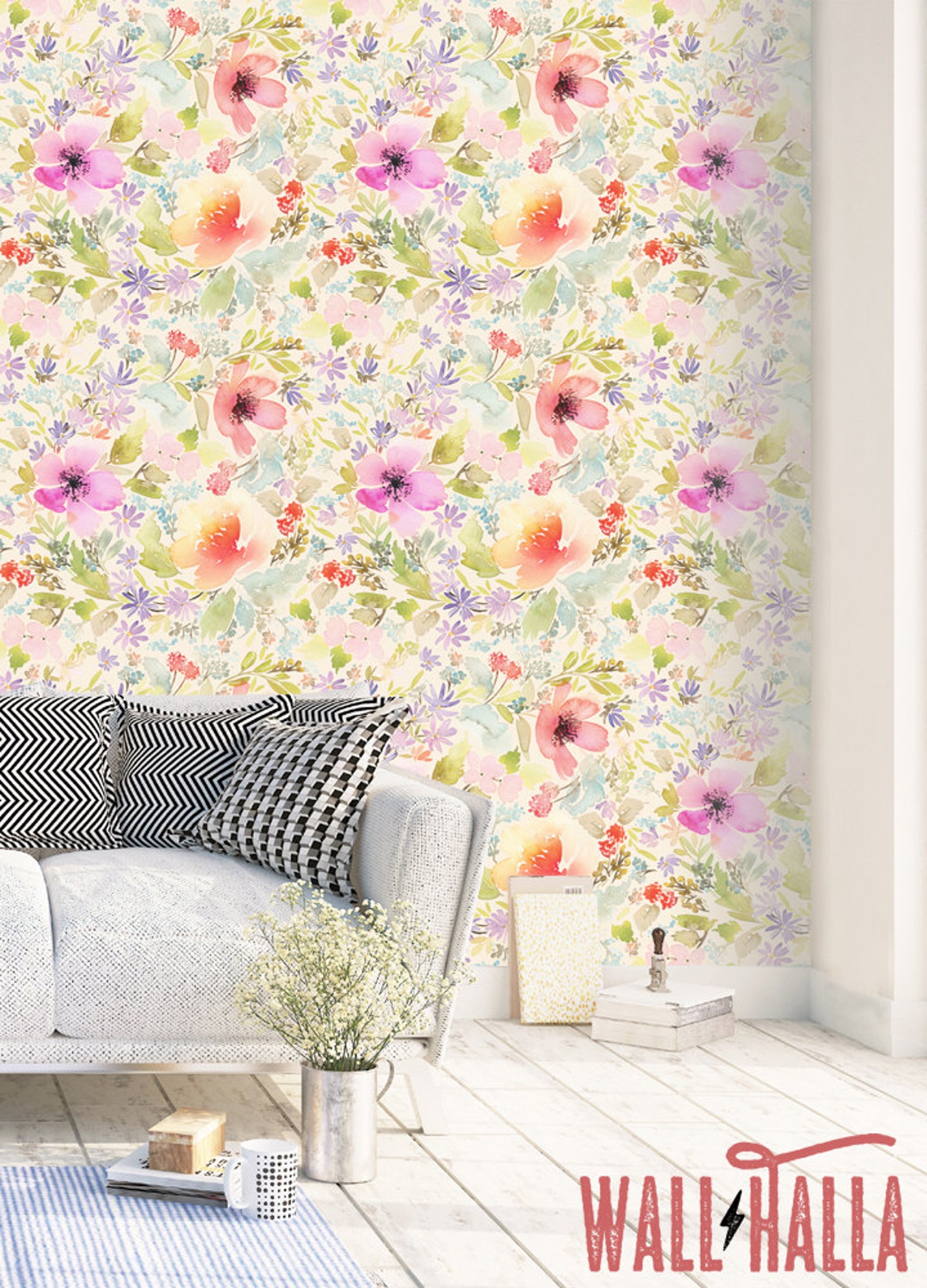 Watercolor Flowers Wallpaper Removable Wallpaper Etsy