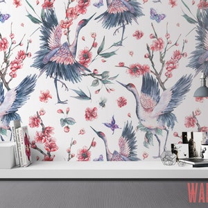 Crane Chinoiserie Wallpaper: Vintage Floral Removable Wall Decals