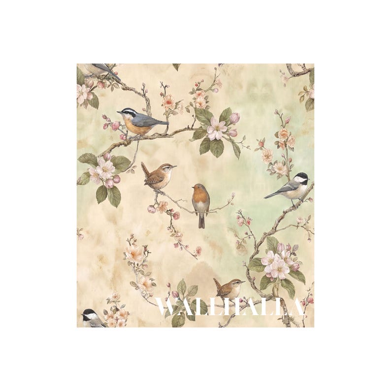 Spring botanical wallpaper with birds and flowering tree branches