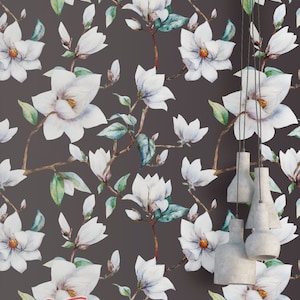 Cherry Blossom Wallpaper - Removable Wallpaper - Asian Flowers and Leaves Wallpaper - Floral Print - Tropical Peel and Stick Wallpaper
