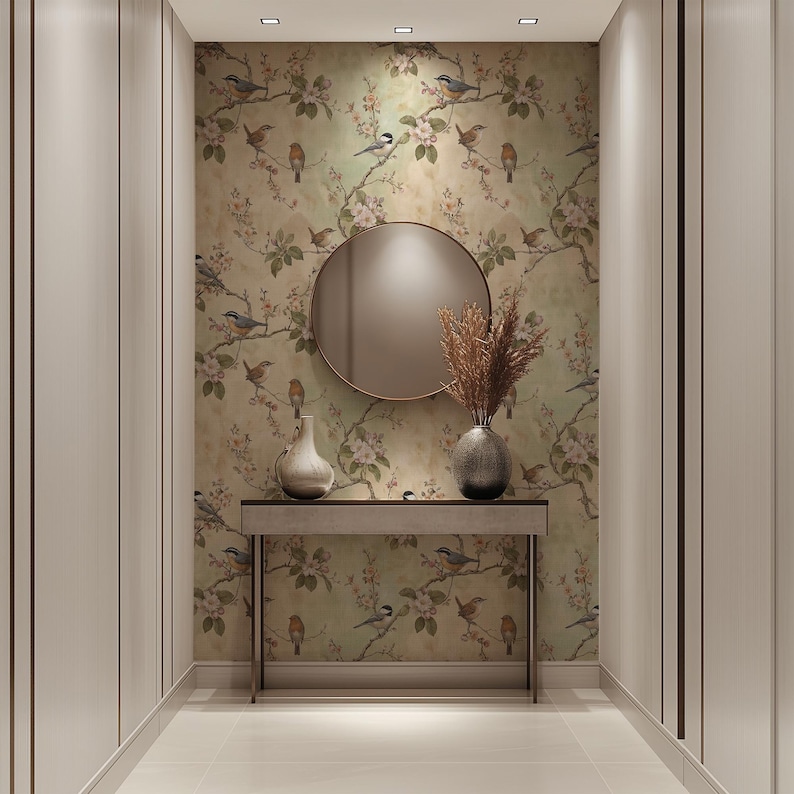 Botanical bird wallpaper with spring flowers and hand painted vintage style
