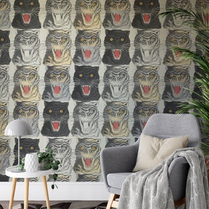 Tiger Head Print Wallpaper, Removable Peel and Stick Mural, Japanese Tiger Chinoiserie Inspired Animal Wallpaper, Temporary Self Adhesive image 3