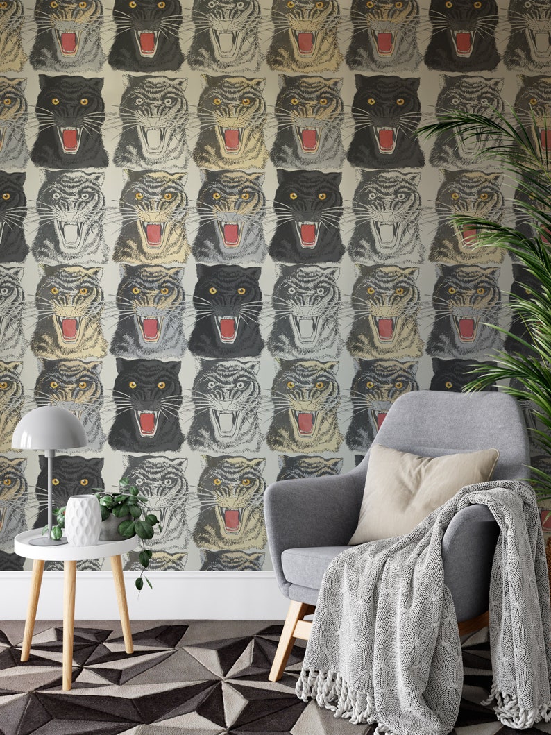 Tiger Head Print Wallpaper, Removable Peel and Stick Mural, Japanese Tiger Chinoiserie Inspired Animal Wallpaper, Temporary Self Adhesive image 3