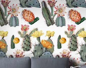 Seamless SelfAdhesive Watercolor Cactus Wallpaper - Removable Vintage Wall Decal - Watercolor Cactus Wall Sticker - Temporary Wallpaper