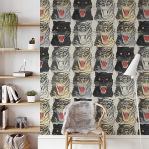 Tiger Head Print Wallpaper, Removable Peel and Stick Mural, Japanese Tiger Chinoiserie Inspired Animal Wallpaper, Temporary Self Adhesive image 1