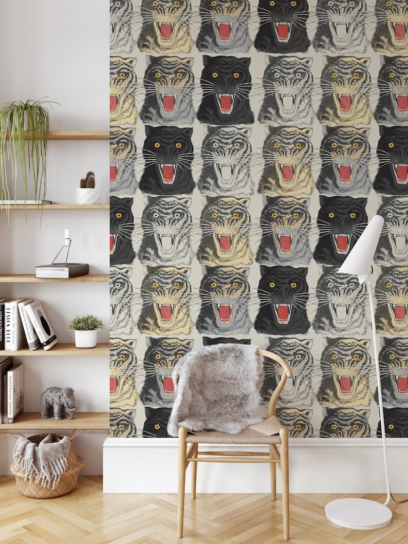 Tiger Head Print Wallpaper, Removable Peel and Stick Mural, Japanese Tiger Chinoiserie Inspired Animal Wallpaper, Temporary Self Adhesive image 1