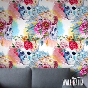 Removable Skull and Roses Wallpaper, Self Adhesive Peel and Stick Wallpaper, Removable Wall Decals, Floral Skull Wall Stickers, Wallpapers