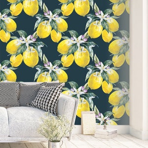 Lemon and Citris Blossom Wallpaper Removable Wallpaper Palm and Leaves Wallpaper Floral Print Tropical Peel and Stick Wallpaper image 2