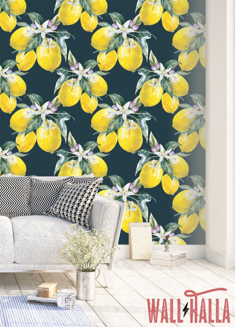 Lemon and Citris Blossom Wallpaper Removable Wallpaper Palm and Leaves Wallpaper Floral Print Tropical Peel and Stick Wallpaper image 2