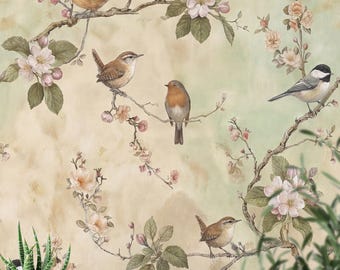 Carta da parati floreale con uccelli: murale botanico vintage