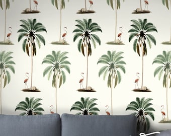 Tropical Palm Tree Flamingo Wallpaper: Self Adhesive Peel and Stick Decals